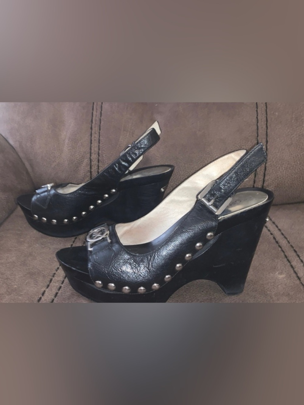 Michael Kors Black Leather Studded Slingback Wedge Sandals with MK Emblem - Picture 2 of 4